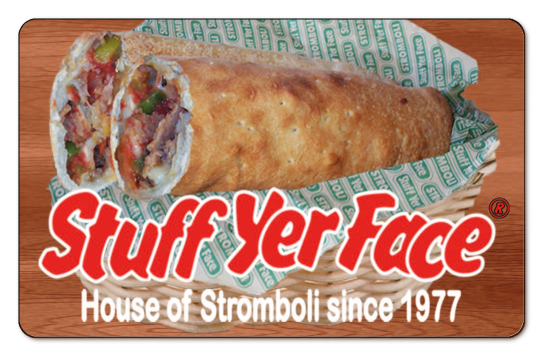 stuff yer face red text logo on a background of stromboli